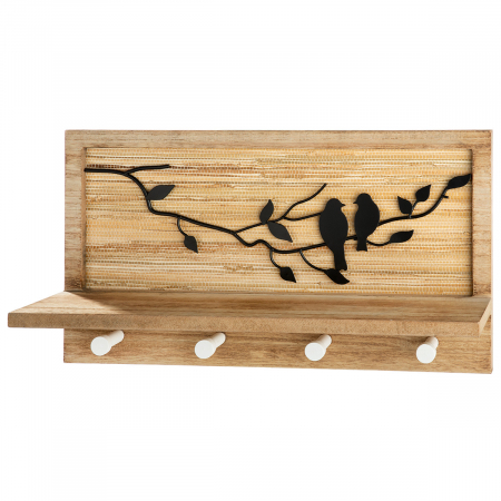 Rafturi pentru chei - Dulap, dreptunghiular, motiv păsări, MDF, culori naturale, PU 2, L. 9 cm, l. 40 cm, H 22 cm