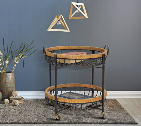 Masute - Etajera cu roti Cebu, Fier/Rattan, Multicolor, 62.5x57x55.5 cm