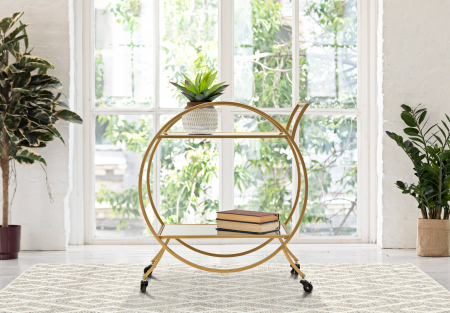 Mese de servire cu roti - Etajera cu roti Round, Fier/MDF/Oglinda, Auriu, 78x70x36.5 cm