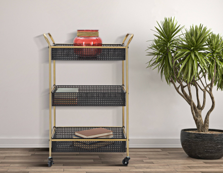 Mese de servire cu roti - Etajera cu roti Fashion, Fier, Negru/Auriu, 81x56x37 cm