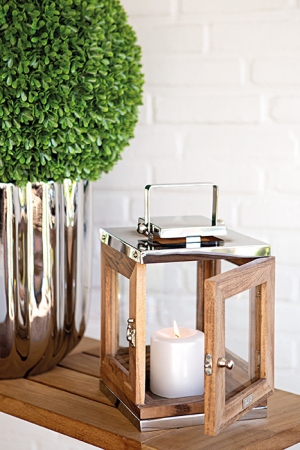 Suporturi lumanari - Felinar TOLEDO, otel inoxidabil/lemn/sticla, 18 x 18 x 25 cm