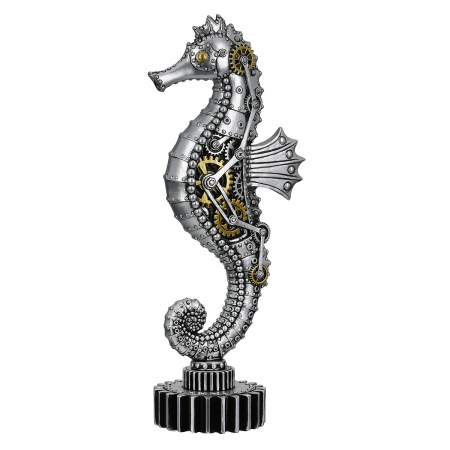 Steampunk - Figurină, Cal de mare, Steampunk, Motiv roată dințată, Polirășină, argintiu, PU 2, L. 8,5 cm, L. 12 cm, H. 31,5 cm