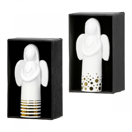 Ingeri - Figurină, Îngeri, Ophaniel, Motiv inimă, punctat, dungi, Polyresin, alb, PU 16, 2 buc. asortate, L. 3 cm, L. 5 cm, H. 8 cm