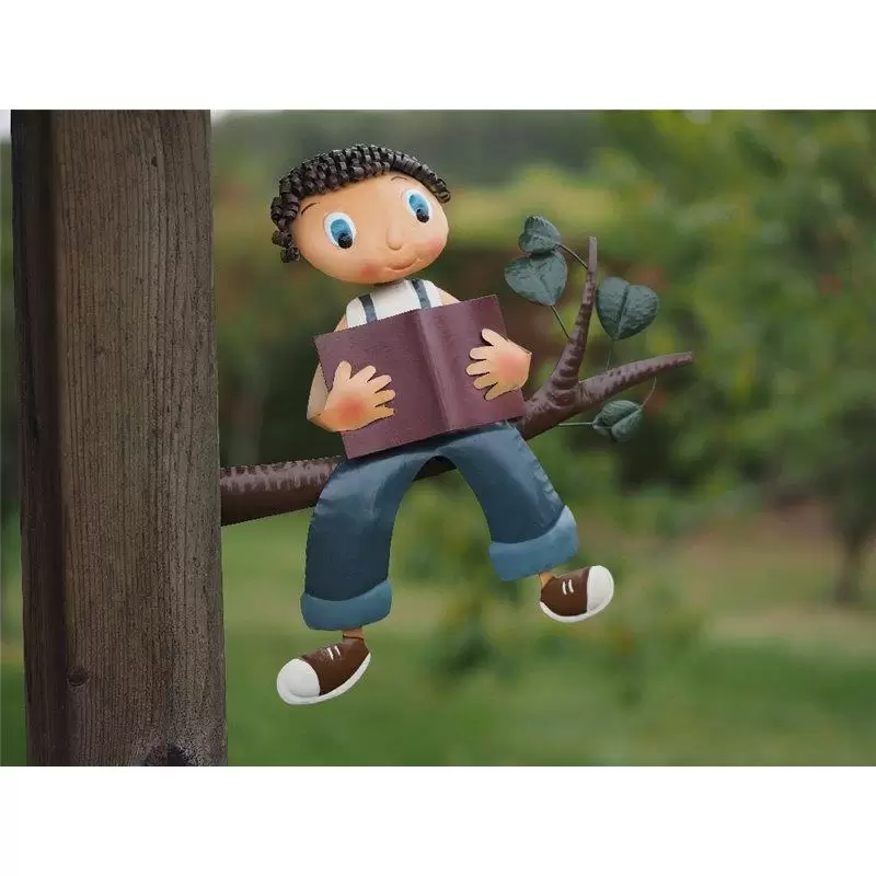 Decoratiuni terasa si gradina - Figurina metal Metal Reading Boy sitting on Perch Hanger, 40x9x39 cm