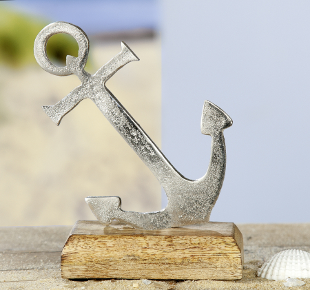 Mare si soare - Figurina Mini Anchor, aluminiu/lemn, argintiu/maro, 11x15.5 cm