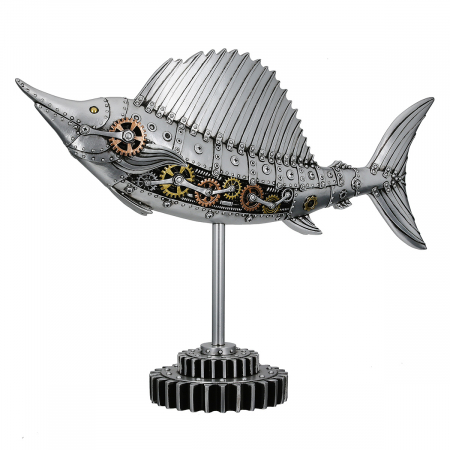 Steampunk - Figurină, Pește-spadă, Steampunk Sailfish, Motiv roată dințată, Polirășină, argintiu, PU 1, L. 14 cm, L. 50 cm, H. 36 cm