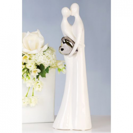 Dragobete - Figurina The Kiss, ceramica, alb/argintiu, 38 cm
