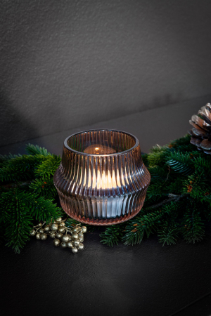 Suporturi lumanari - FREYA, Suport de tea light, Sticlă, cafea, margine argintie, h. 7 cm, d. 9 cm