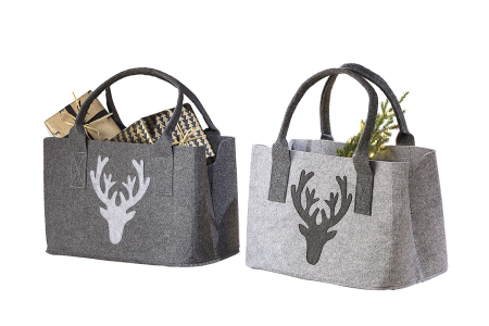 Genti - Geanta, „Hirsch”, motiv cu cerbi, fetru, gri deschis, gri inchis, PU 4, 2 asortate, L. 20 cm, l. 40 cm, H 26 cm