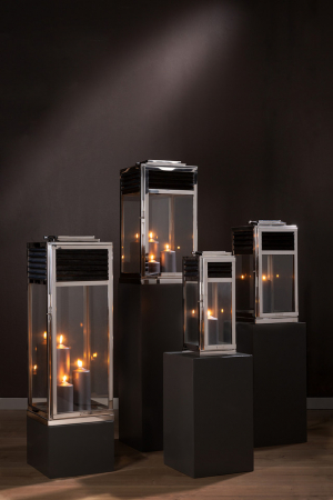 Suporturi lumanari - GENUA, Felinar, inox, tec negru, 24x24x51 cm