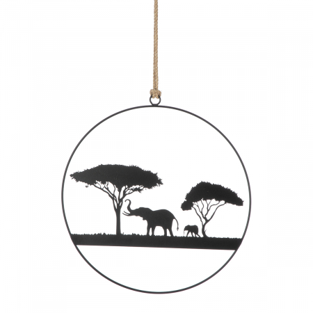 Clopotei de vant si ghirlande - Ghirlandă, rotund, Savannah, Motiv copac, motiv elefant, Metal, negru, PU 12, L. ,3 cm, H. 48 cm, D. 25 cm