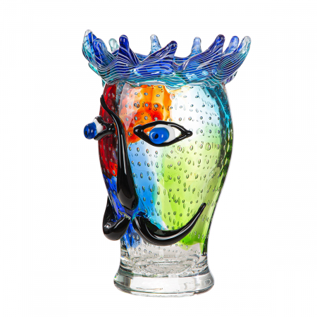 Arta sticlei - Glass Art, Vază cu fețe, „Donald”, motiv fețe, Sticlă, verde, roșu, PU 1, L. 19 cm, L. 19 cm, H 29 cm