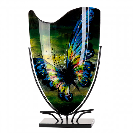 Arta sticlei - Glass Art, Vază, dreptunghiulară, motiv fluture, sticlă, albastru, verde, PU 1, L. 11 cm, l. 35 cm, H 57 cm