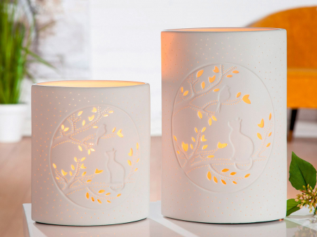 Veioze - Lampa Cat/Bird, portelan, alb, 17x20x9 cm