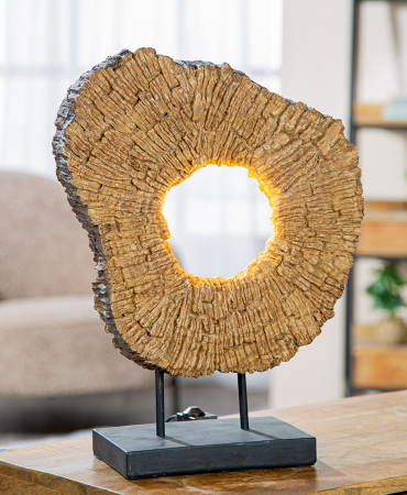 Veioze - Lampă de masă (LED), rotundă, Wood art, Polirășină, maro, PU 1, L. 14 cm, L. 34,5 cm, H. 45 cm