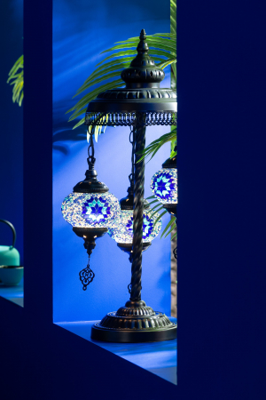 Veioze - Lampa de masa, Mozaic, 3 Lămpi, Sticla/Metal, Albastru, L 30| W 30| H 78 cm