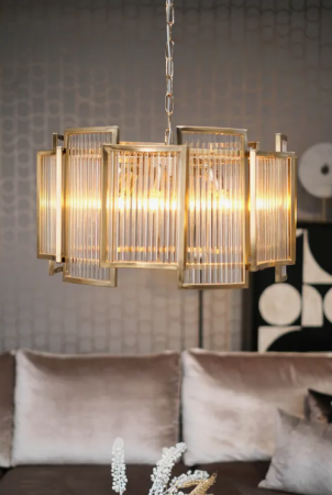 Lustre - Lustra Cyrine, Fier/Sticla, Auriu, 32/160x59x59 cm