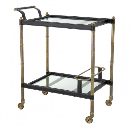 Mese de servire cu roti - Masă de servire cu roti, Princess, finisaj din alamă cu aspect vintage, piele neagră, Dims: L. 74 | W. 44.5 | H. 84 (CM)