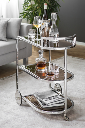 Mese de servire cu roti - Masa de servire cu roti SARONNA, Sticla/Otel inoxidabil, Transparent/Argintiu, 48x77 cm