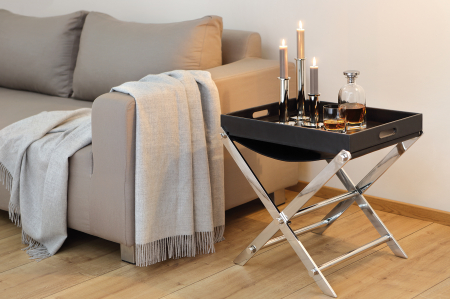 Masute - Masuta cu tava Monza, Fier/Piele/Nichel, Negru/Argintiu, 50x55x62 cm