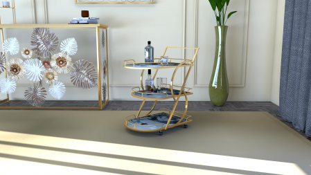 Masute - Masuta de servire pe roti Glass Mix, Fier/MDF/Sticla, Auriu/Multicolor, 84.5x71x45.5 cm