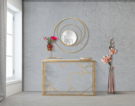 Oglinzi - Oglinda de perete Arc Glam, Fier/Oglinda/MDF, Auriu, 80x80x3.5 cm