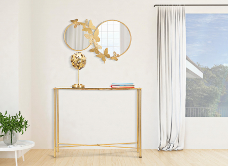 Oglinzi - Oglinda de perete Double Farfalle, Fier/Oglinda/MDF, Auriu, 52.5x81x3 cm
