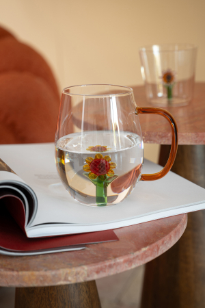 Bucatarie - Pahar, floarea-soarelui cu mâner, sticlă, multicolor, 11.8 X 8 cm