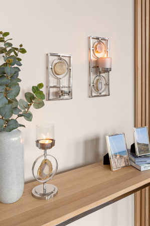 Suporturi lumanari - PIETRA, Suport lumânare de perete, otel inoxidabil cu piatra de agat, 16x11x39 cm