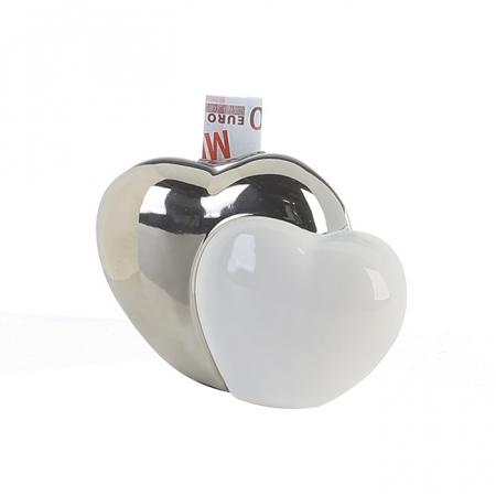 Accesorii - Pusculita inimi Duo, ceramica, alb/argintiu, 15x13 cm