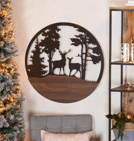 Decoratiuni de perete - Relief de perete, rotund, „Hirsche im Wald”, Motiv cerb, Metal, maro, PU 2, L. 2 cm, D. 60 cm