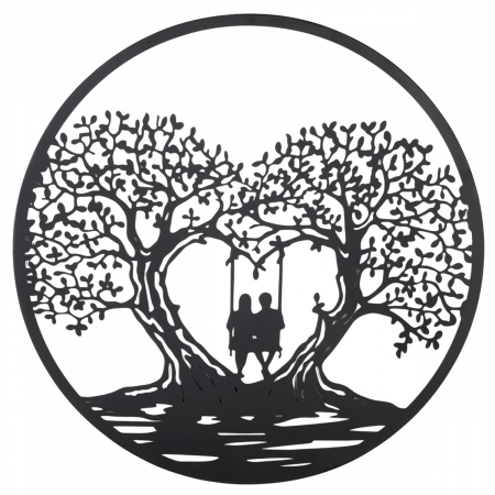 Decoratiuni de perete - Relief de perete, rotund, Leagăn inimă, Motiv copac, motiv inimă, motiv cuplu, Metal, negru, PU 2, L. 1 cm, D. 80 cm