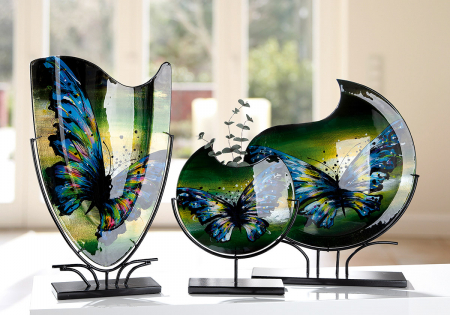 Arta sticlei - Serie 3 buc., Artă pe sticlă, Vază, Motiv fluture, Sticlă, albastru, verde, PU 1, L. 0 cm, L. 0 cm, H 0 cm