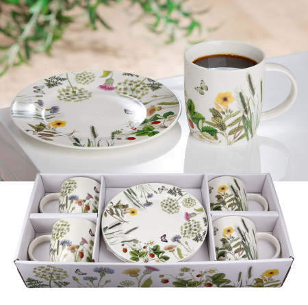 IN STOC - Serviciu de masa, "Wild Flowers", Design floral, Portelan, verde, alb, Setul consta din 4 cești și 4 farfurii | Ceașca: L 12.5 x H 9 x A 8.7 cm| Farfurie: D 19.2 x H 1.4 cm