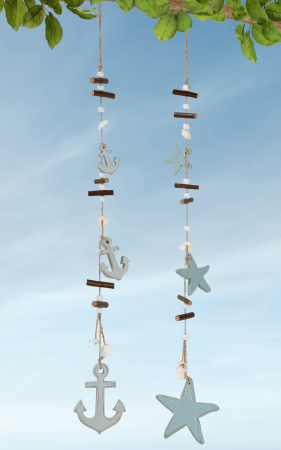 Clopotei de vant si ghirlande - Set 2 decoratiuni Anchor/Starfish, MDF, Albastru, 10.5x65 cm