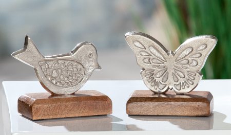Animale - Set 2 decoratiuni Butterfly/Bird, Aluminiu, Argintiu/Maro, 12x10x5 cm