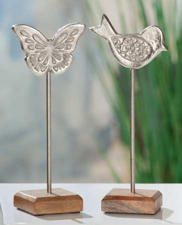 Animale - Set 2 decoratiuni Butterfly/Bird on stick, Aluminiu, Argintiu/Maro, 11x27x8 cm