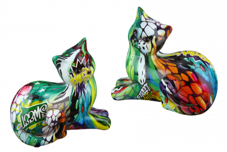 Street art - Set 2 decoratiuni Cat Street Art, Rasina, Multicolor, 16x13x8 cm