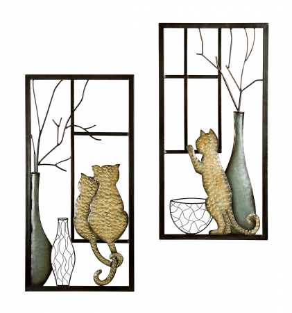Decoratiuni de perete - Set 2 decoratiuni de perete VASE AND CAT, metal, 40 x 2 x 80 cm