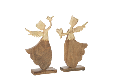 Ingeri - Set 2 figurine Angel Heart/Bird On Base, Lemn, Argintiu, 22x2.5x30 cm