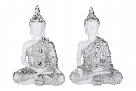 Oriental - Set 2 figurine Buddha, rasina, alb/argintiu, 8x11.5x5 cm