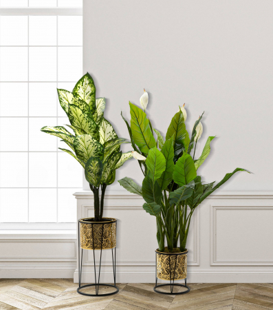 Ghivece si suporturi de flori - Set 2 ghivece Leavy, Fier, Auriu/Negru, 40/22x21/19x21/19 cm