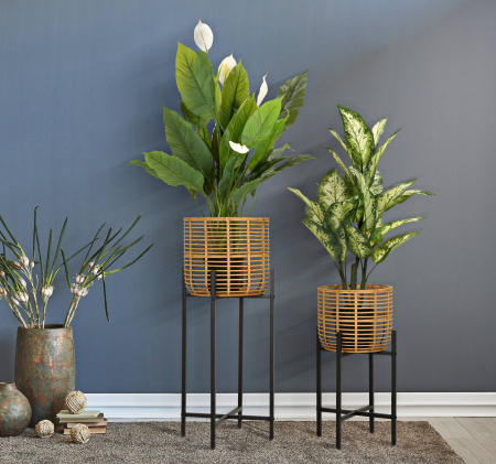 Ghivece si suporturi de flori - Set 2 ghivece Rattan, Fier/Rattan, Multicolor, 90/60x38/33x38/33 cm