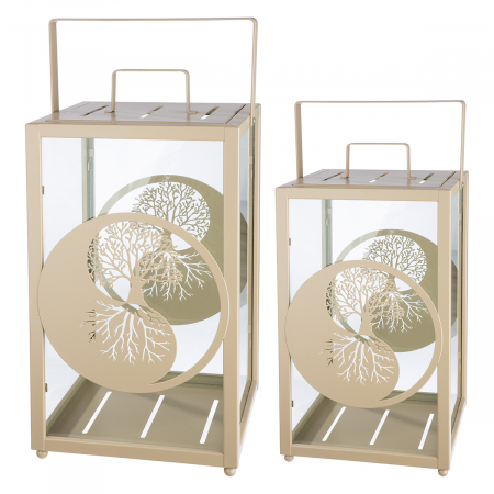 Suporturi lumanari - Set 2, Lanternă, dreptunghiulară, motiv Yin & Yang, Metal, bej, PU 1, L. 25 cm, L. 25 cm, H. 48 cm