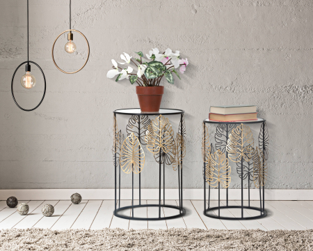 Masute - Set 2 masute Foglie, Fier, Negru/Auriu, 43.5x43.5x62 cm