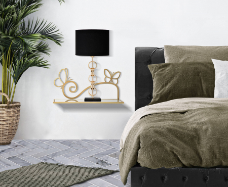 Noptiere - Set 2 noptiere suspendate Butterfly, Fier/MDF/Oglinda, Auriu, 21x41.5x18 cm
