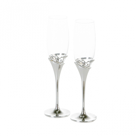 Accesorii - Set 2 pahare sampanie Hearts, metal/sticla, argintiu, 27x7 cm