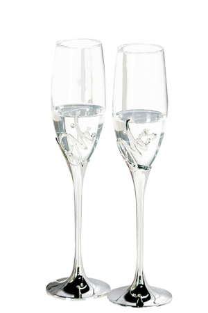 Pahare - Set 2 pahare sampanie Mr&Mrs, metal/sticla, argintiu, 27x7 cm