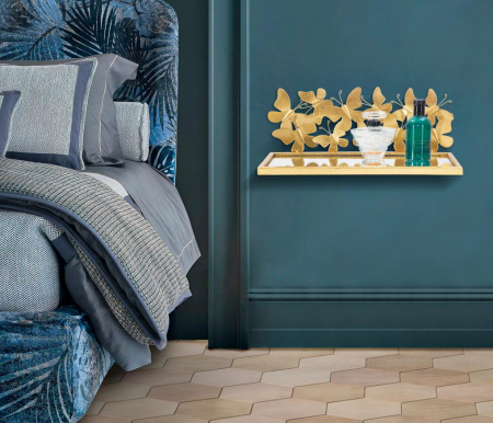 Mese consola - Set 2 rafturi suspendate Butterflies, Fier/MDF/Oglinda, Auriu, 16.5x43x19.2 cm