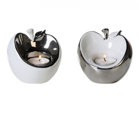 Suporturi lumanari - Set 2 suporturi lumanare APPLE, ceramica, alb/argintiu, 8x9x8 cm